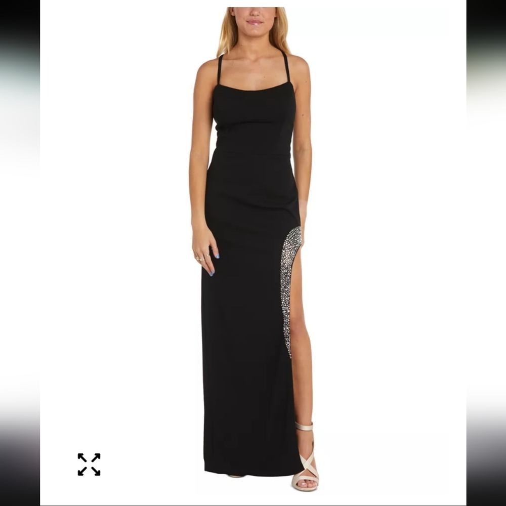 New!Nightway Women's Rhinestone-Trim Strappy-Back Black Gown Y2K Elegant Evening
